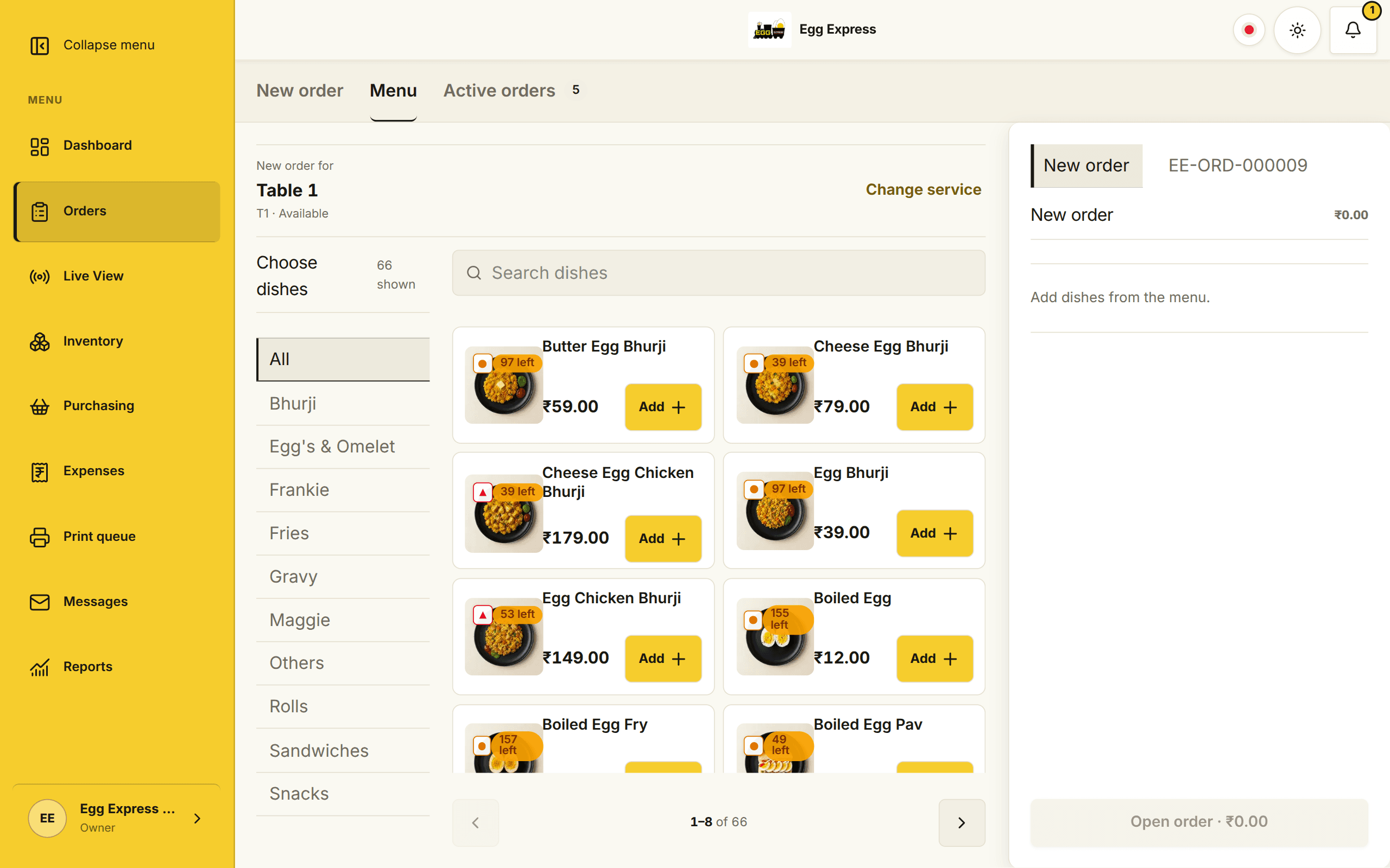 Egg Express POS photo menu and order workspace. Open full-size screenshot.