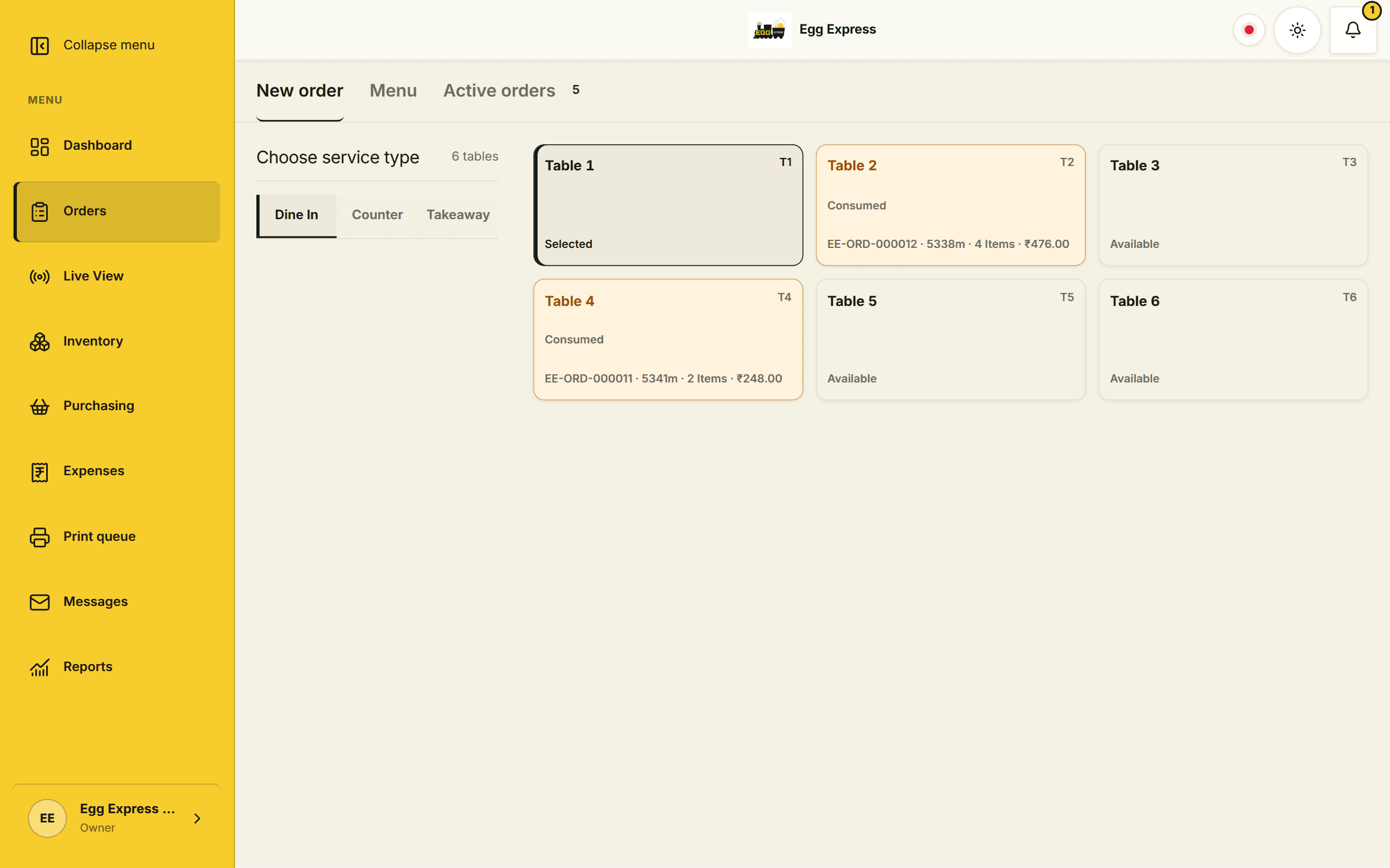 Egg Express POS service selection and table management. Open full-size screenshot.